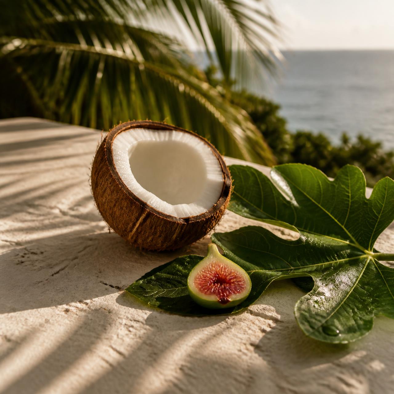 Cracked coconut with green fig leaves and a halved wild fig in island light