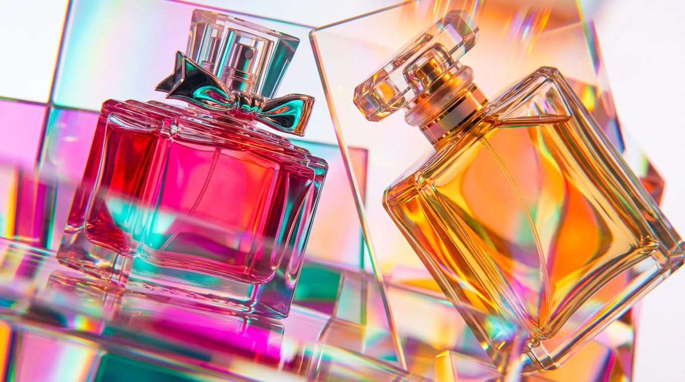 Dior Miss Dior and Chanel Coco Mademoiselle bottles on a vanity