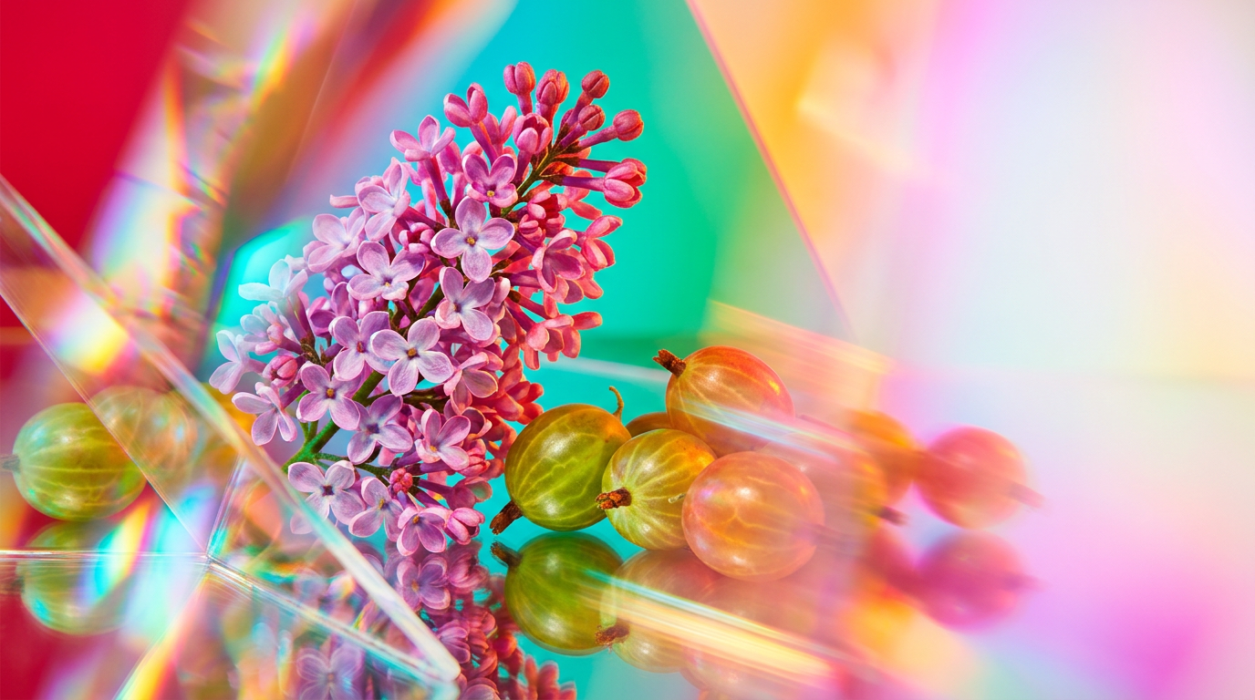 An ethereal display of fresh lilacs and green gooseberries in a sunlit garden setting