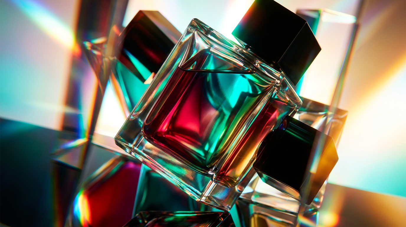 A collection of dark, noir fragrance bottles on a moody, reflective surface