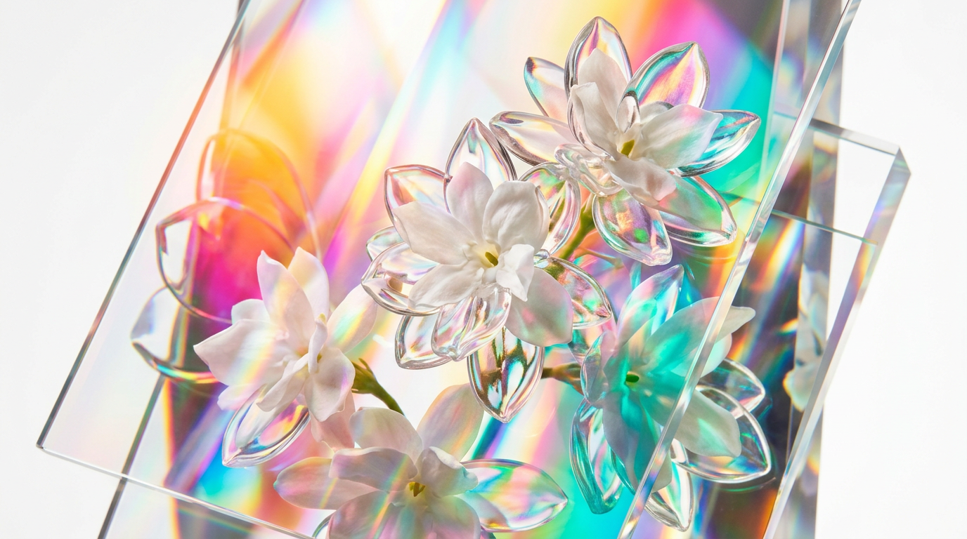 An artisanal jasmine-inspired fragrance setting with white flowers and botanical elements