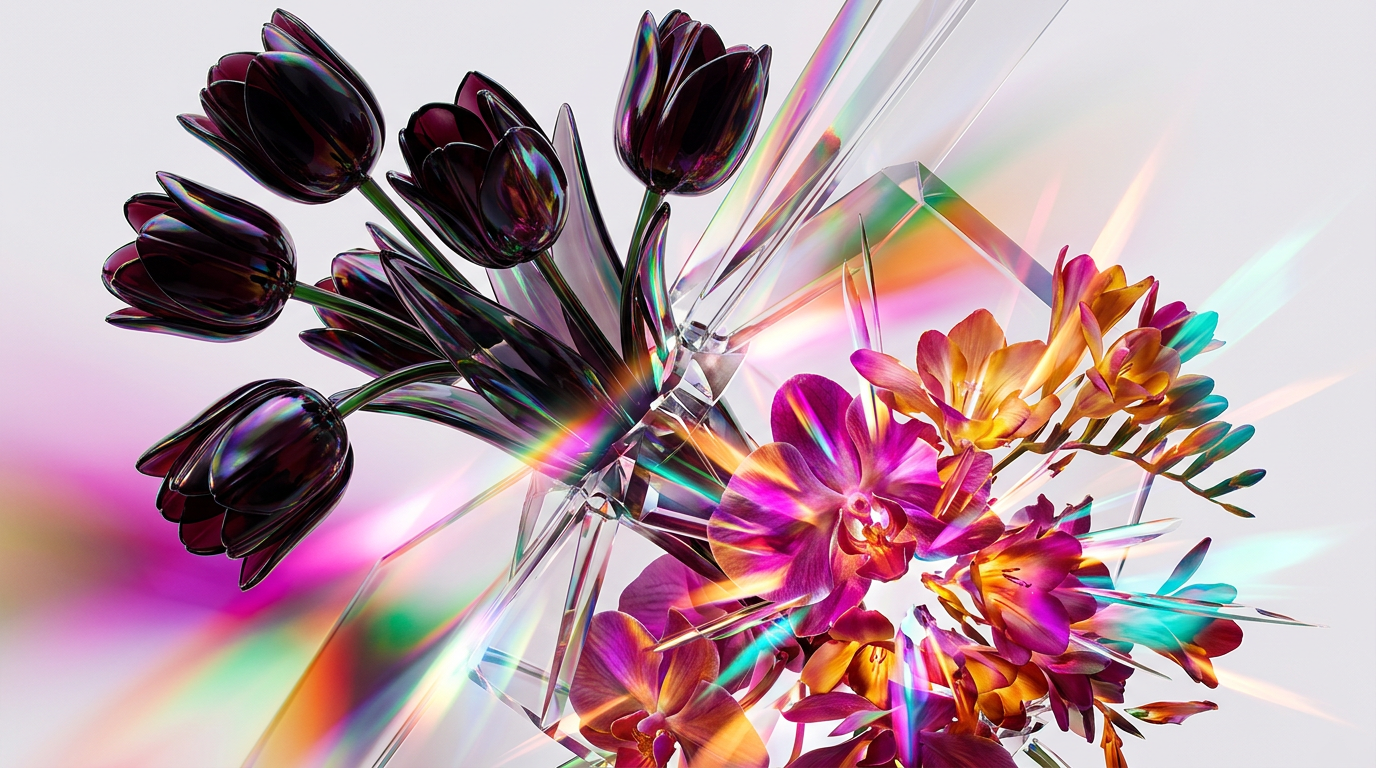 Comparison between Black Tulip and Flowerbomb bottles on a dark floral background
