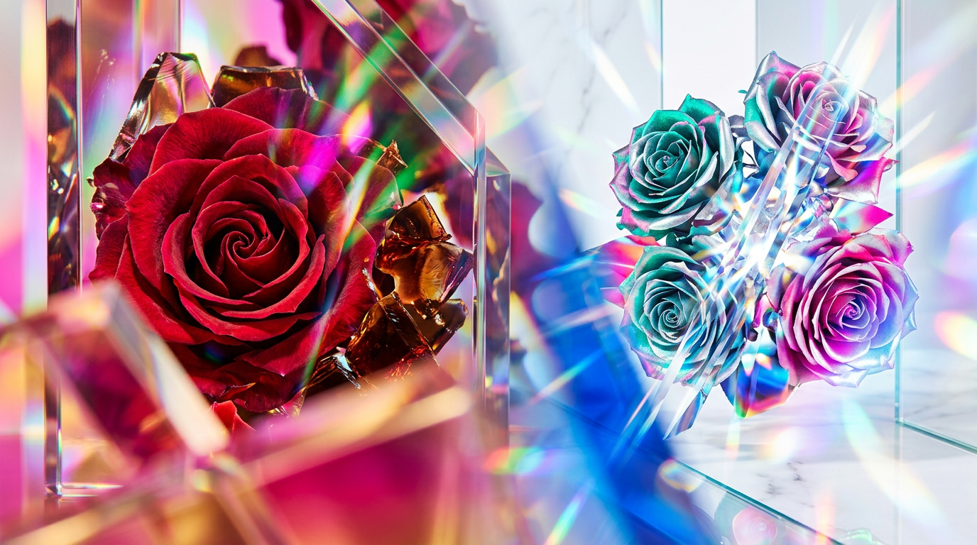 Luxury rose perfume bottles in a moody, dark setting