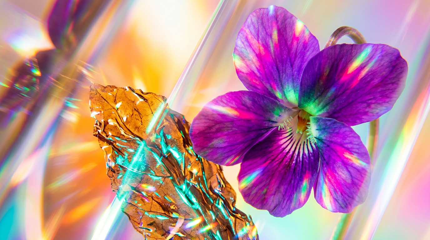 An atmospheric display of violet flowers and dark tobacco leaves representing Violet Tabac