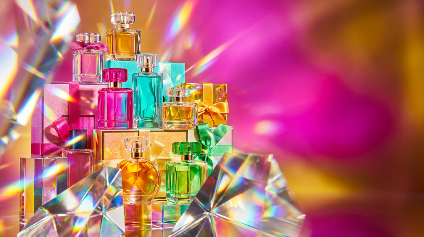 Luxury fragrance gift sets and artisanal perfume bottles arranged on a velvet surface