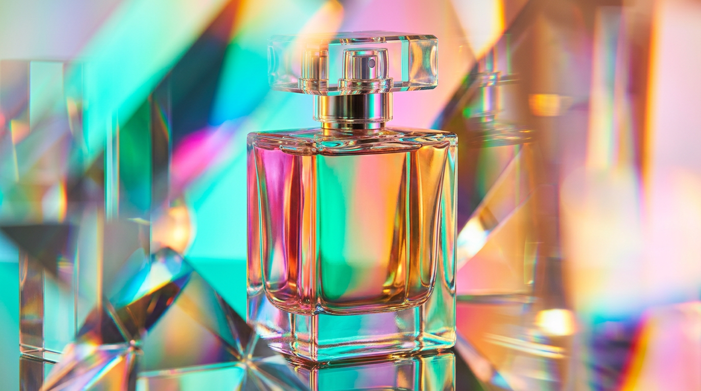 A person spraying perfume with a questioning expression, surrounded by abstract scent waves