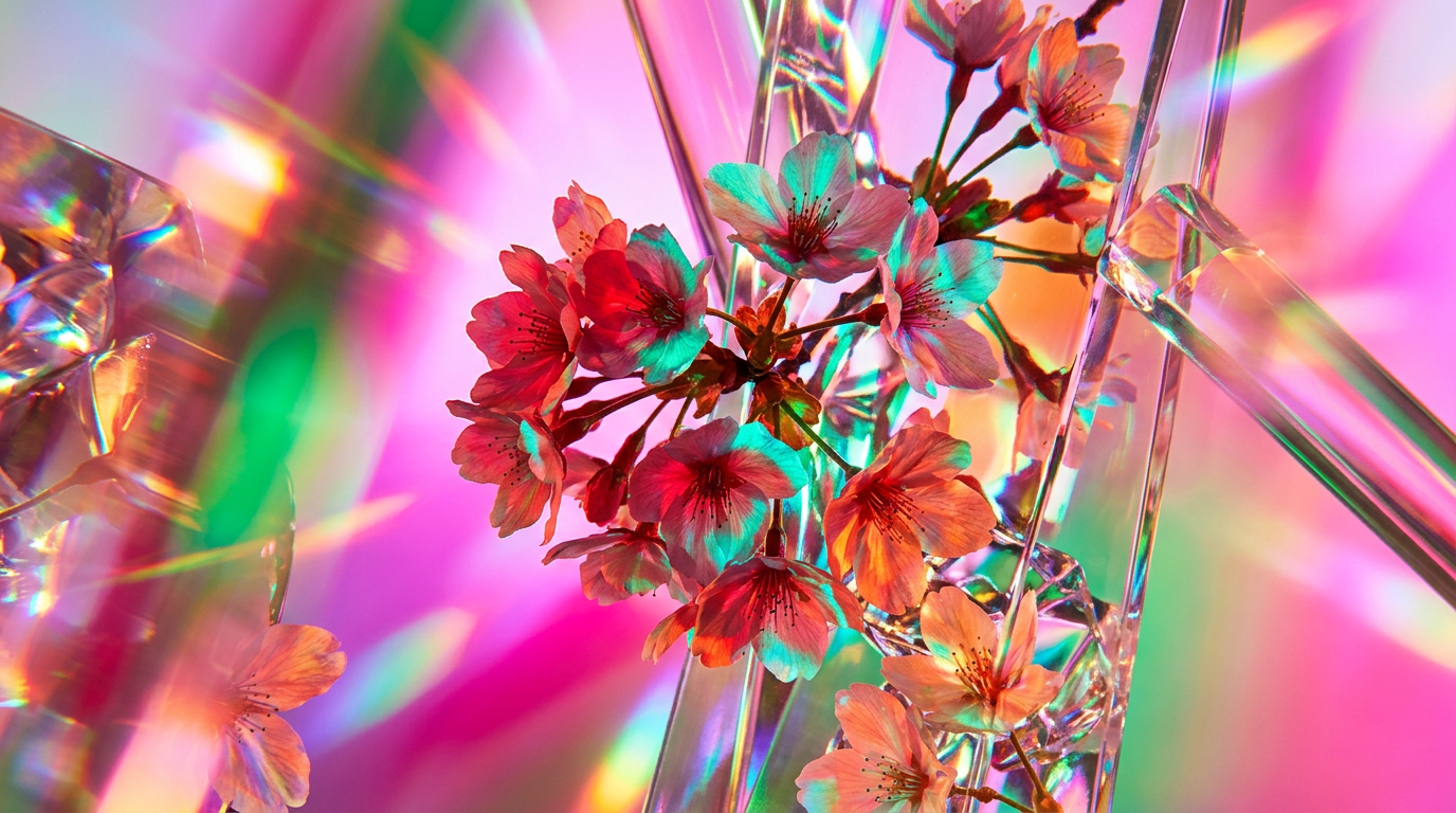 An aesthetic arrangement of cherry blossoms and luxury perfume bottles on a marble surface
