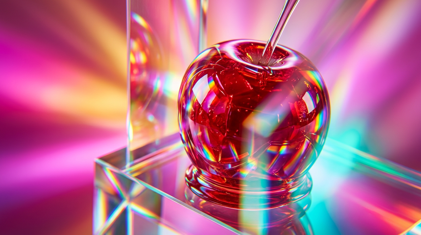 A glossy candy apple surrounded by fresh autumn leaves and fragrance ingredients
