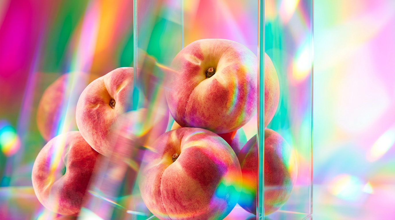 A bottles of White Peaches fragrance amongst fresh orchard fruit