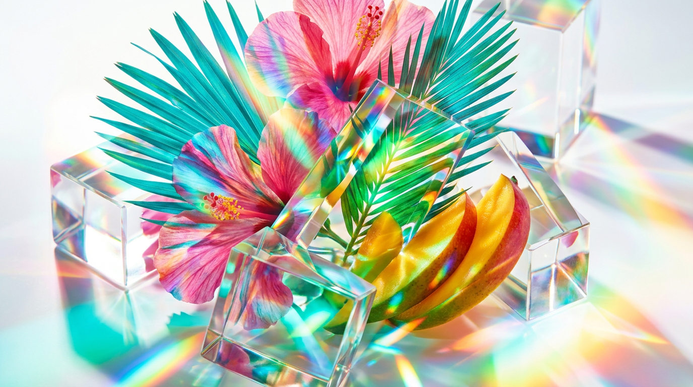 Refreshing tropical perfumes displayed on a sun-drenched summer background