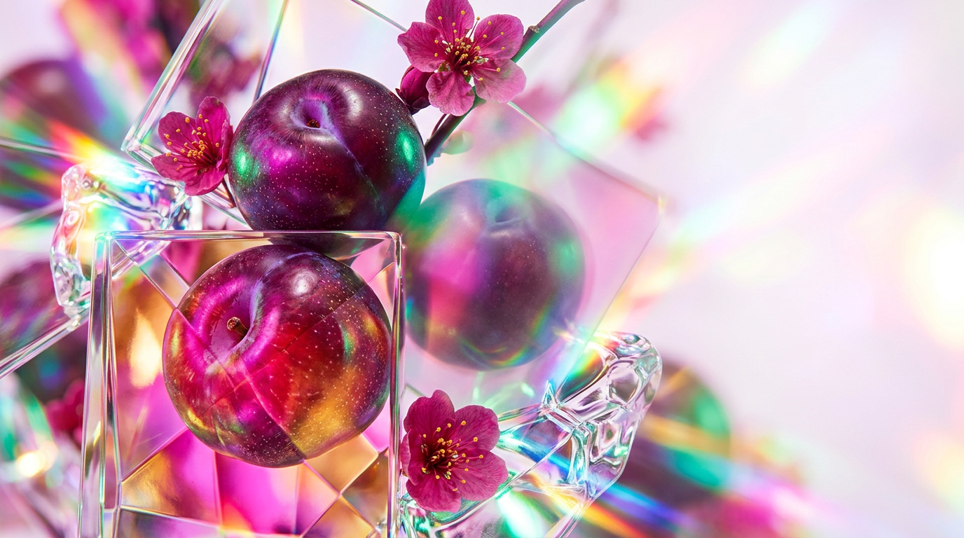 A moody arrangement of dark plums and luxury perfume bottles representing oriental plum notes
