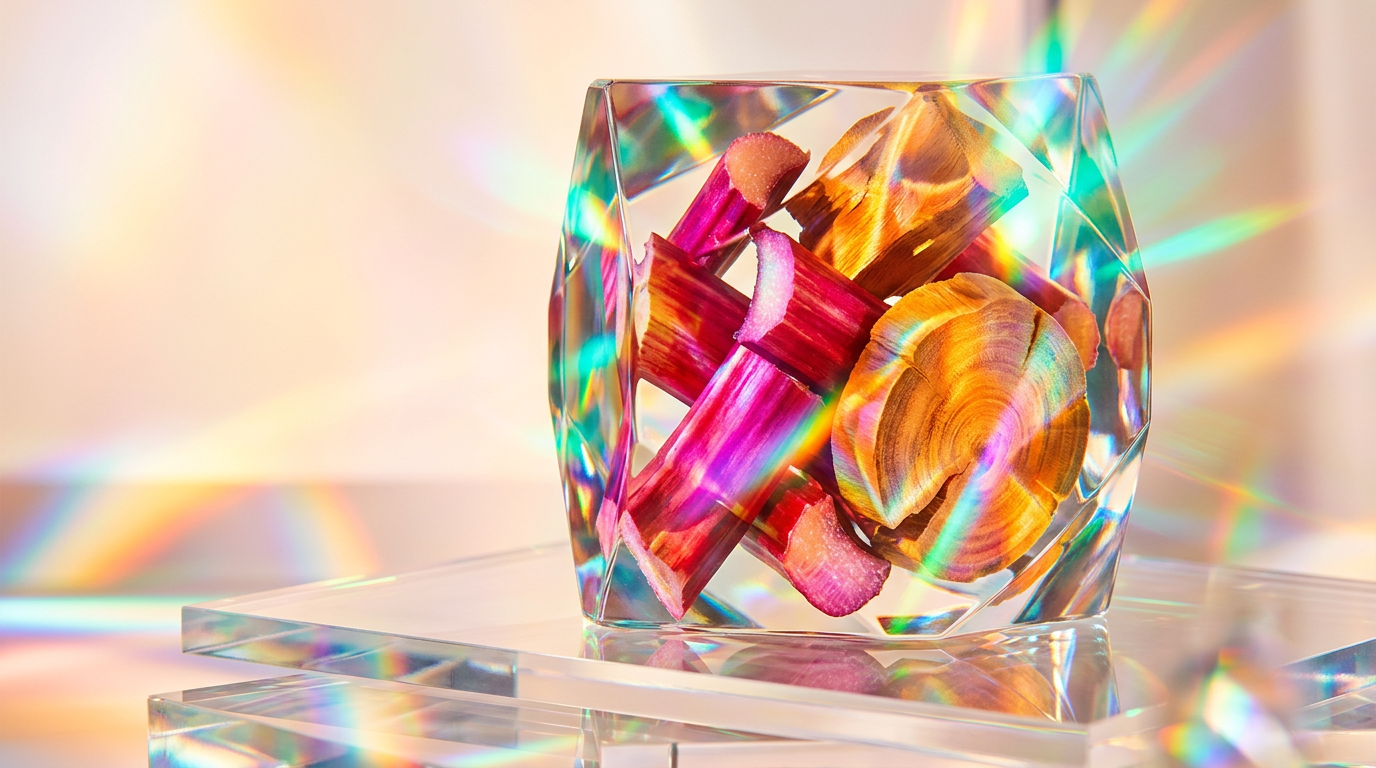A vibrant display of fresh rhubarb stalks and smooth sandalwood blocks representing the fragrance notes