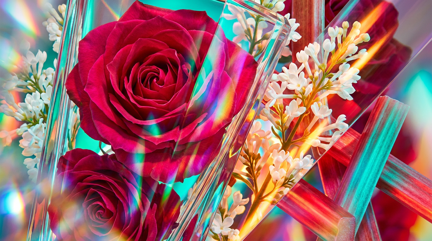 Luxury floral perfume bottles on a marble surface with rose petals and rhubarb stems