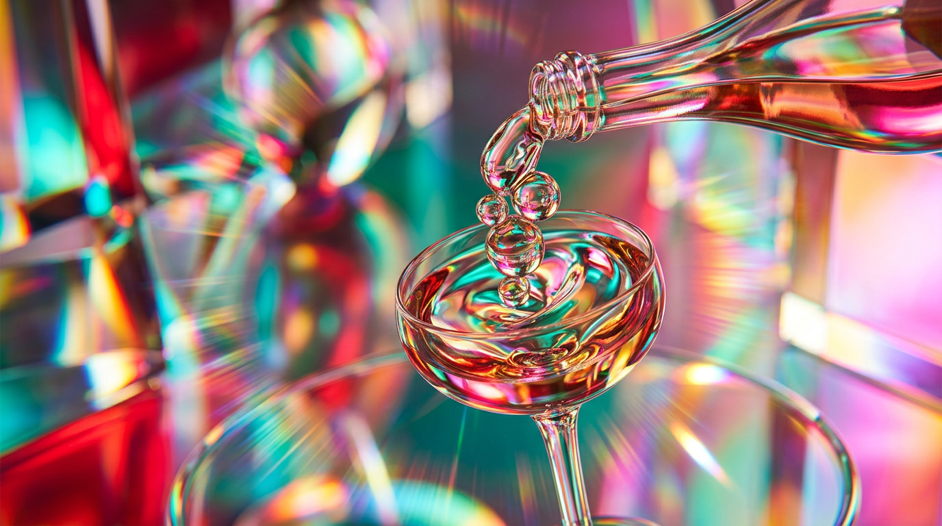 A sparkling bottle of fragrance next to a glass of prosecco in golden hour light