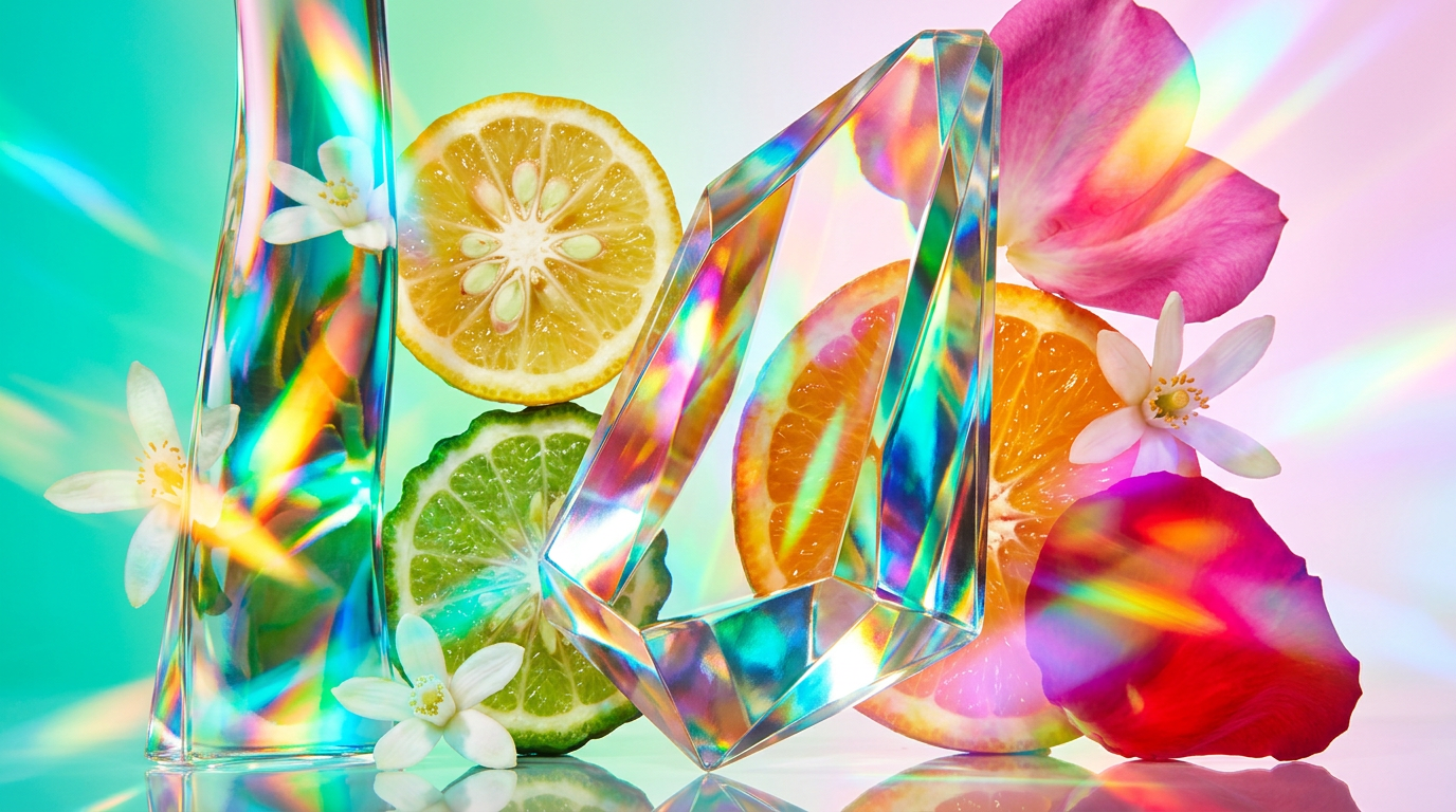 A collection of citrus and floral perfume ingredients on a bright background