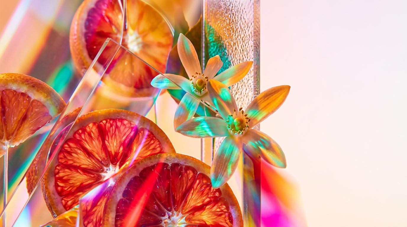 Bottles of citrus perfume on a sunlit marble table