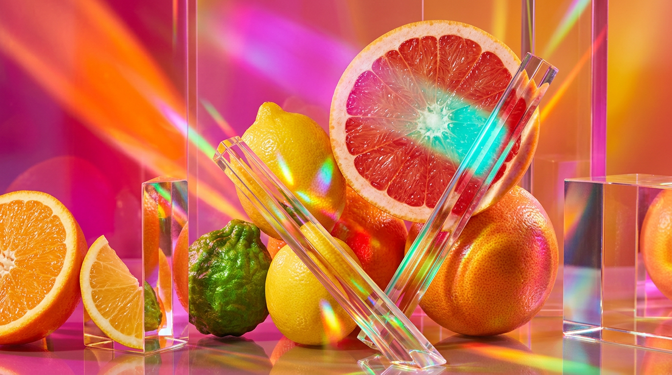 An artistic display of citrus fruits and luxury fragrance bottles