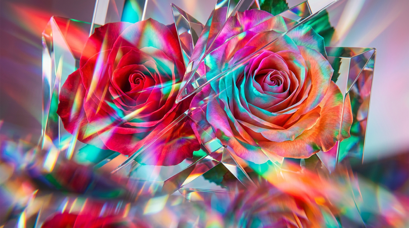 A beautiful arrangement of wild roses with luxury perfume bottles on a marble surface