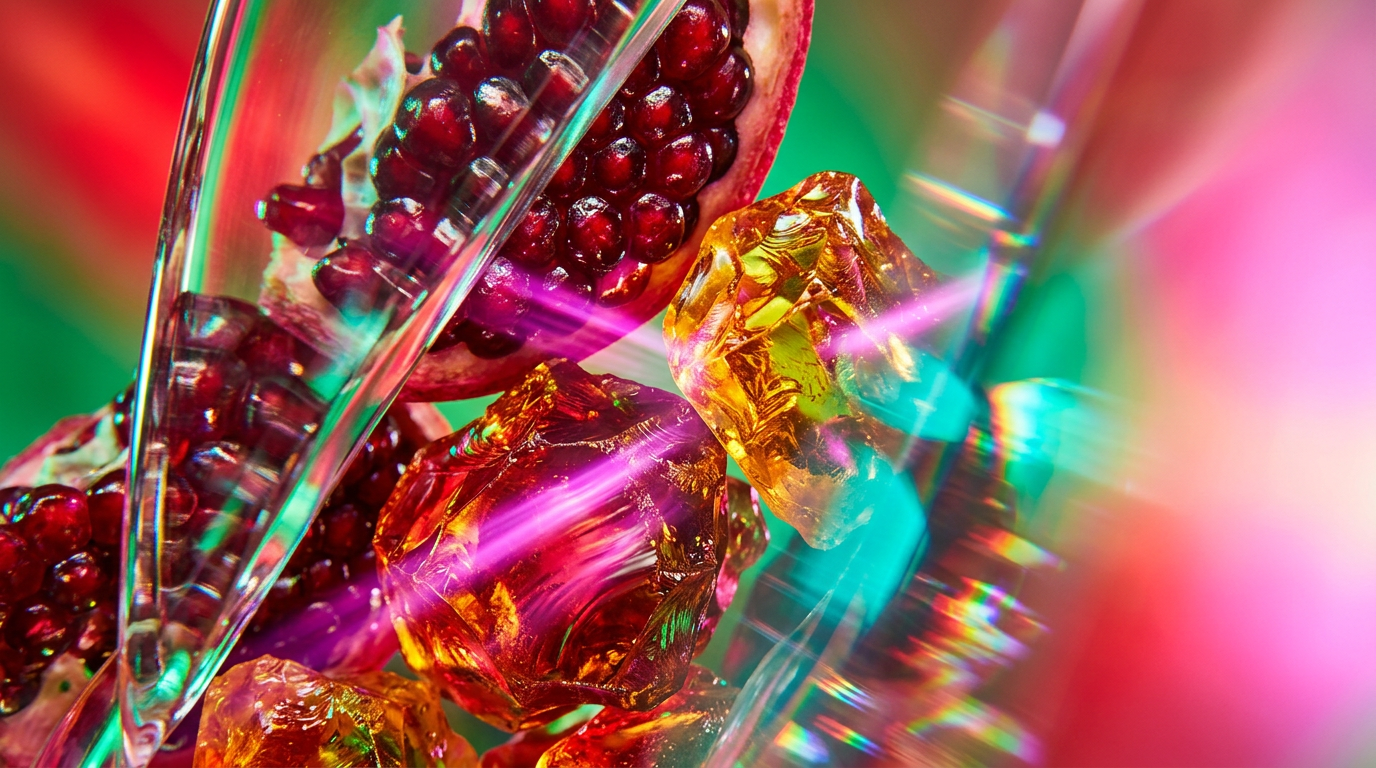 Dark amber and pomegranate fragrance bottles on a textured background