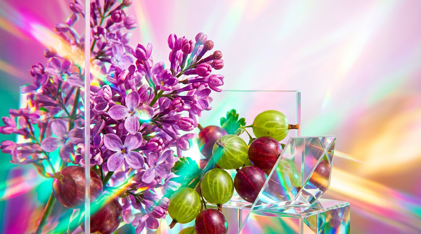 An artistic representation of fresh purple lilacs and tart green gooseberries