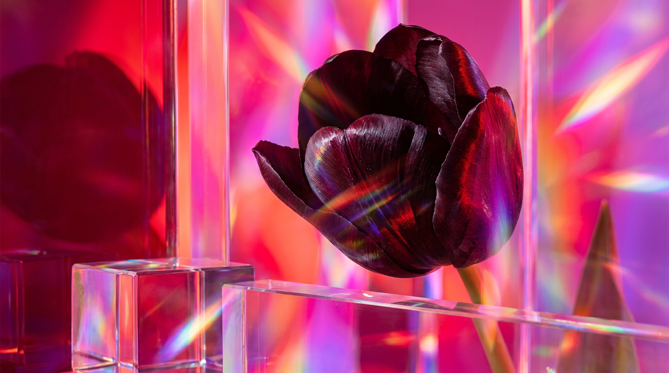 An atmospheric shot of Black Tulip fragrance surrounded by dark florals and white chocolate