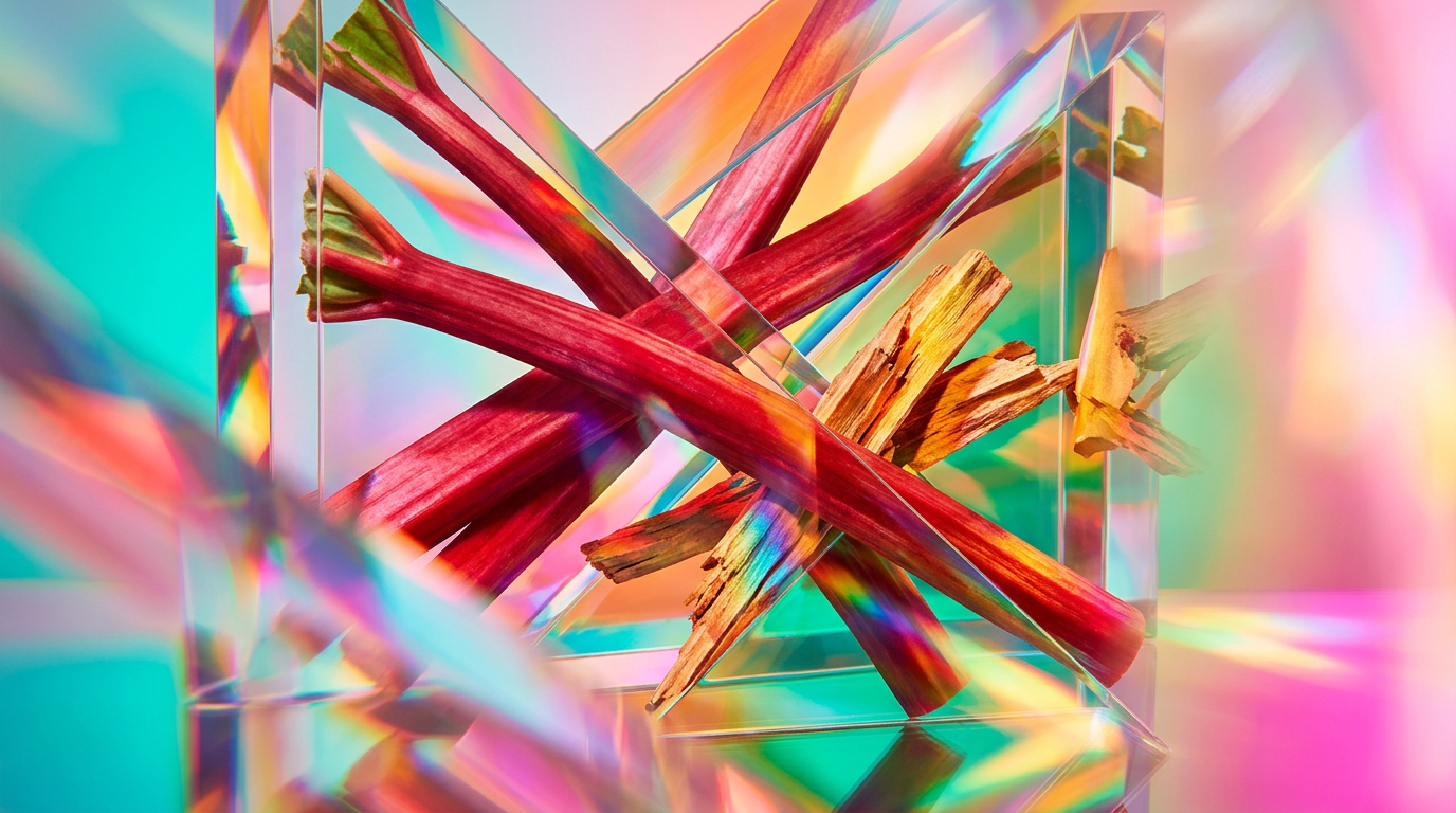 An artistic representation of fresh rhubarb stalks and smooth sandalwood logs in a sun-drenched garden