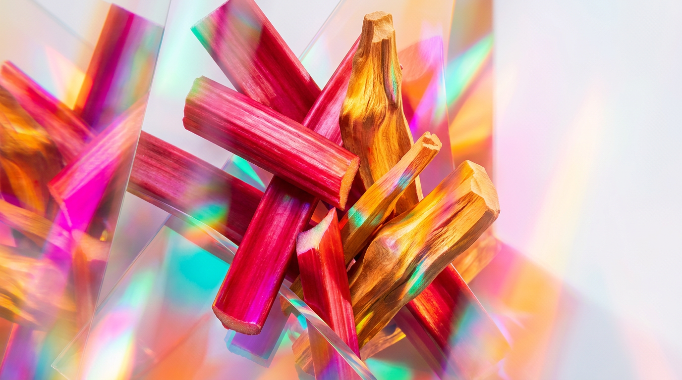 An artistic glass bottle of Rhubarb Sandalwood perfume surrounded by fresh stalks of rhubarb and smooth sandalwood chips