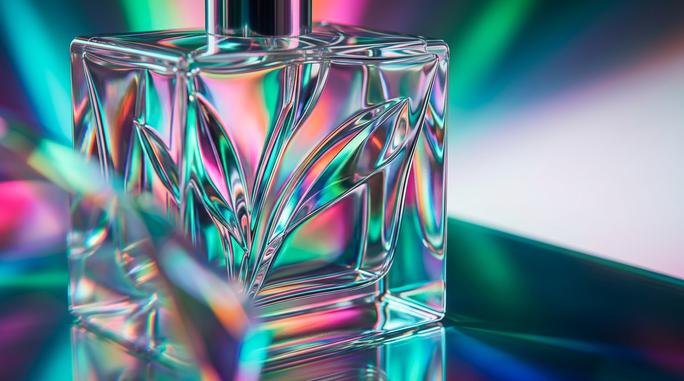 Fresh spring flowers and clear perfume bottles symbolizing transparency