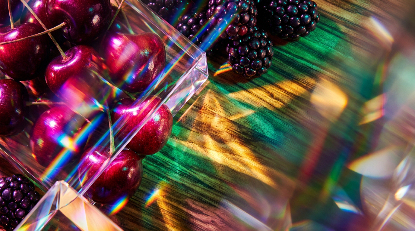 An aesthetic display of dark fruits and woody fragrance bottles