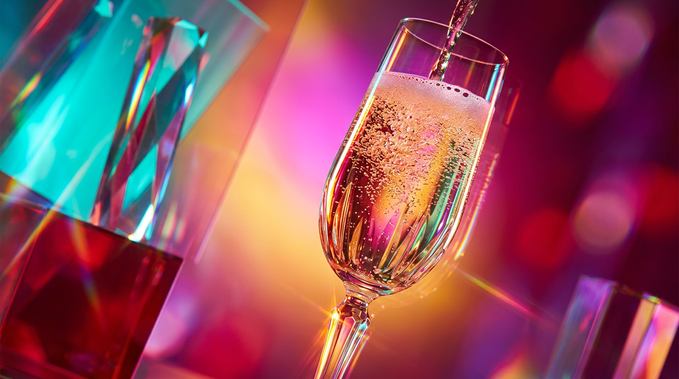 A celebration scene with prosecco glasses and elegant perfume bottles