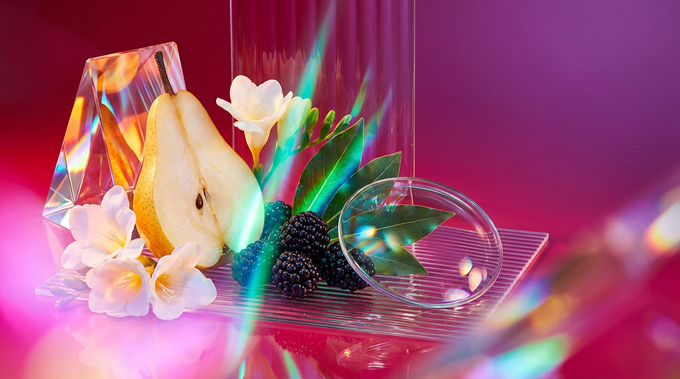 An elegant flatlay of fruity and floral perfumes in a bright garden setting
