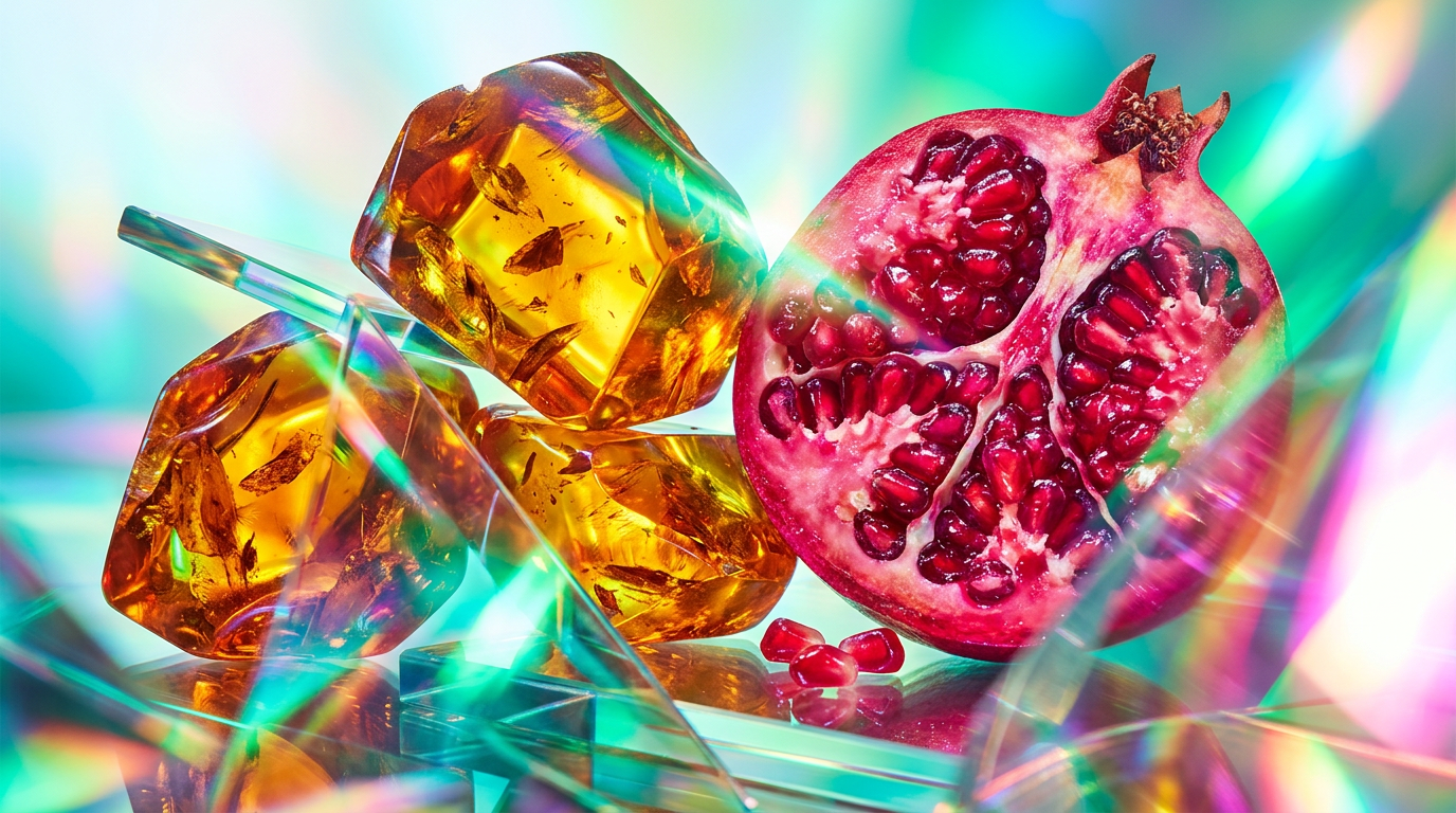 An atmospheric display of deep amber and dark fruits representing Noir fragrance performance
