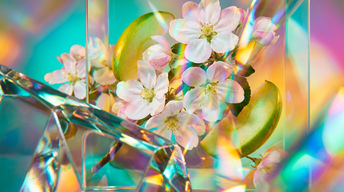 Melrose Apple Blossom fragrance bottle surrounded by fresh blossoms