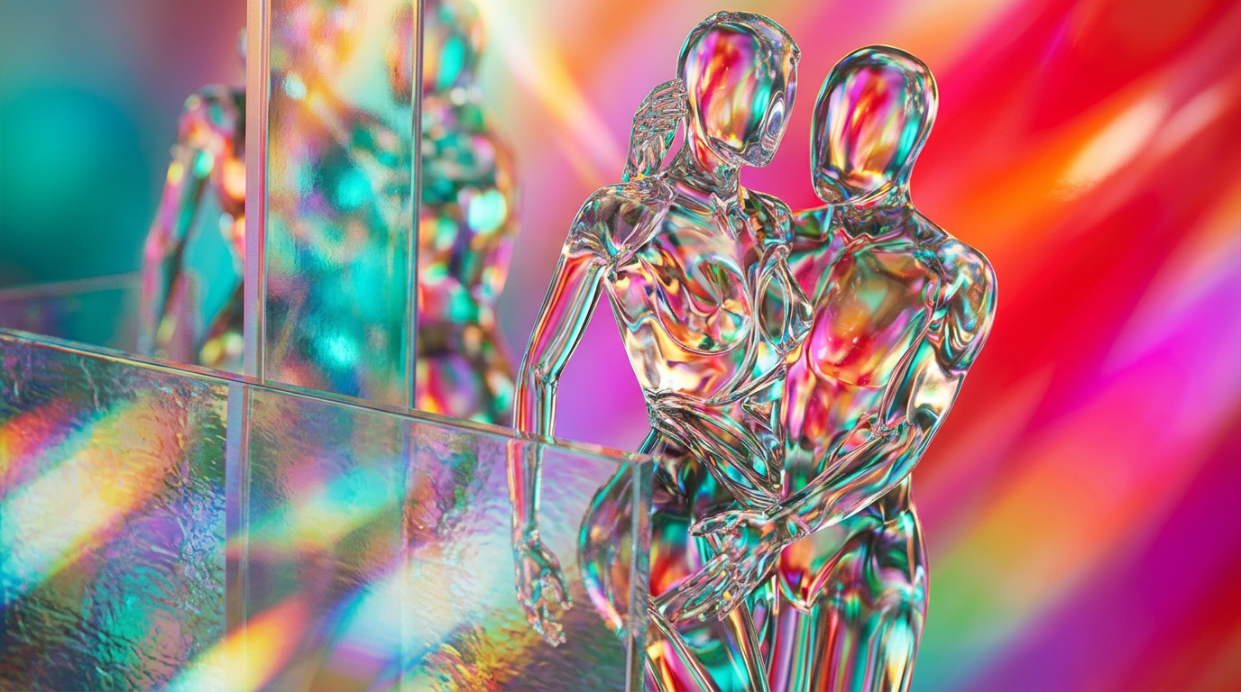 An artistic representation of gender-fluid fragrance bottles in a diverse, inclusive setting