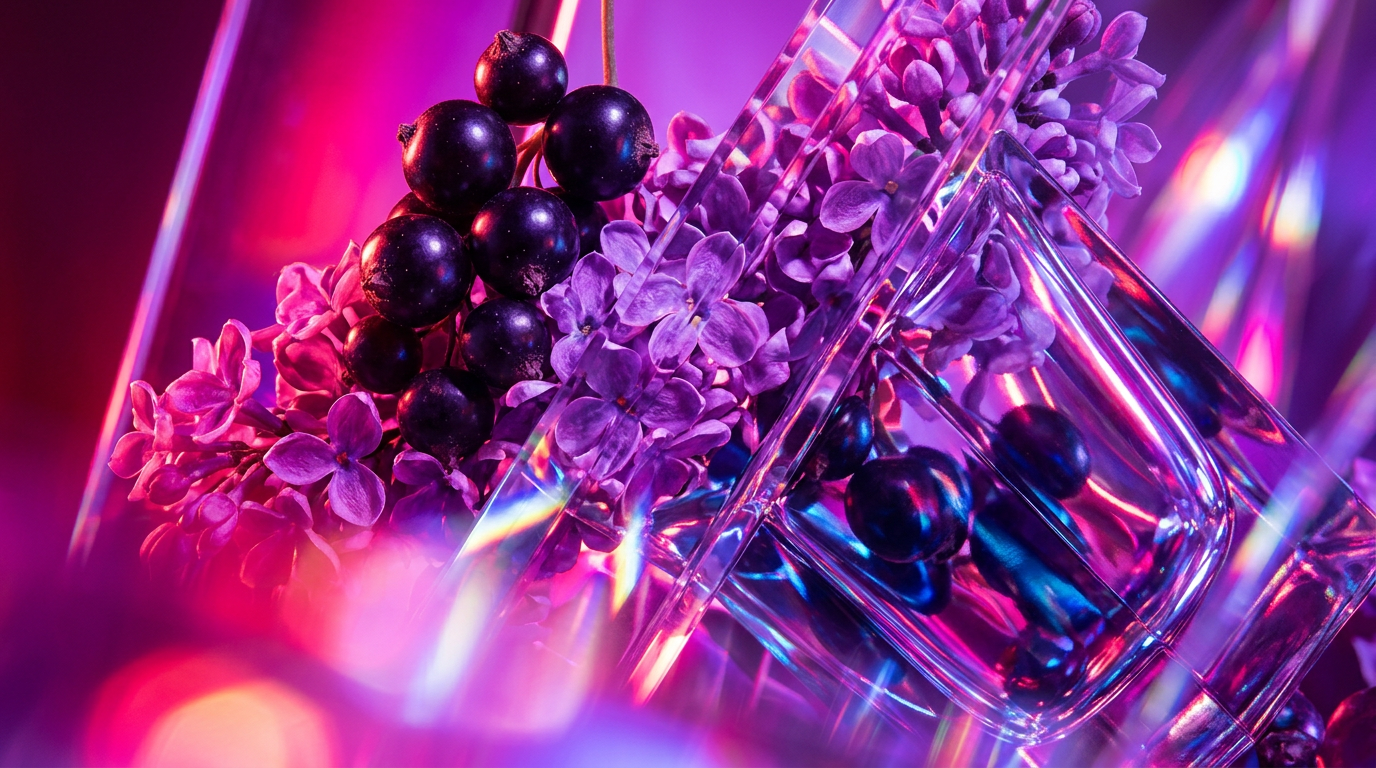 An atmospheric sorceress-inspired fragrance setting with violet flowers and dark glass bottles