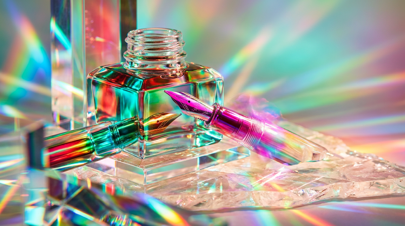 Artistic flat lay with luxury perfume bottles and creative tools