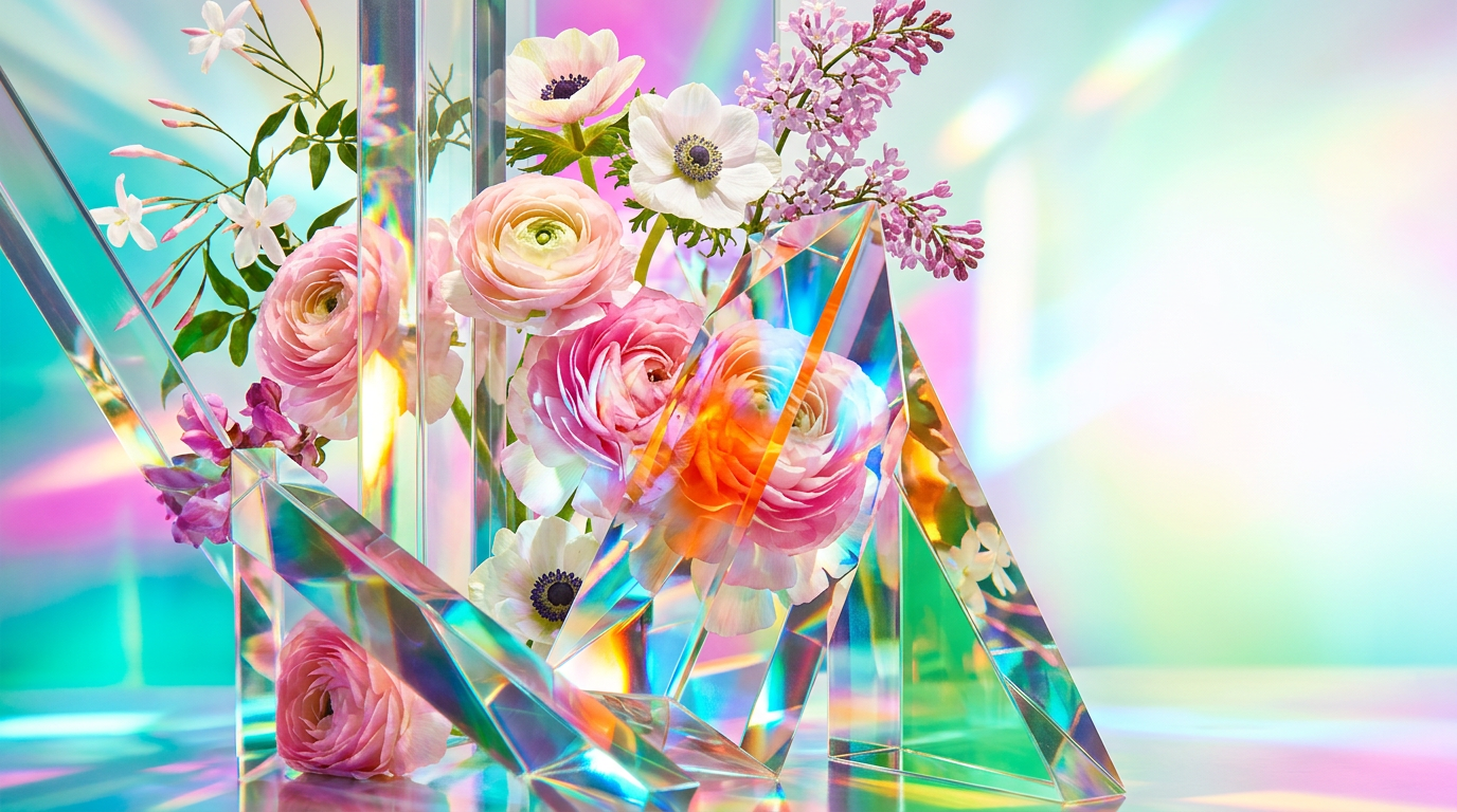 A collection of light floral perfumes surrounded by spring blossoms