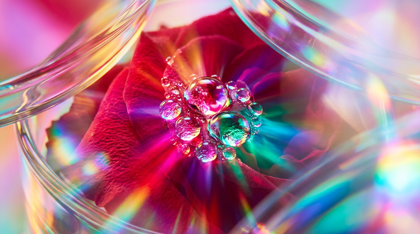 A bottle of Wild Roses perfume in a dewy floral garden setting