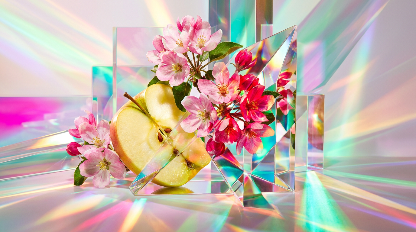 Melrose Apple Blossom fragrance bottle surrounded by fresh apples and blossoms