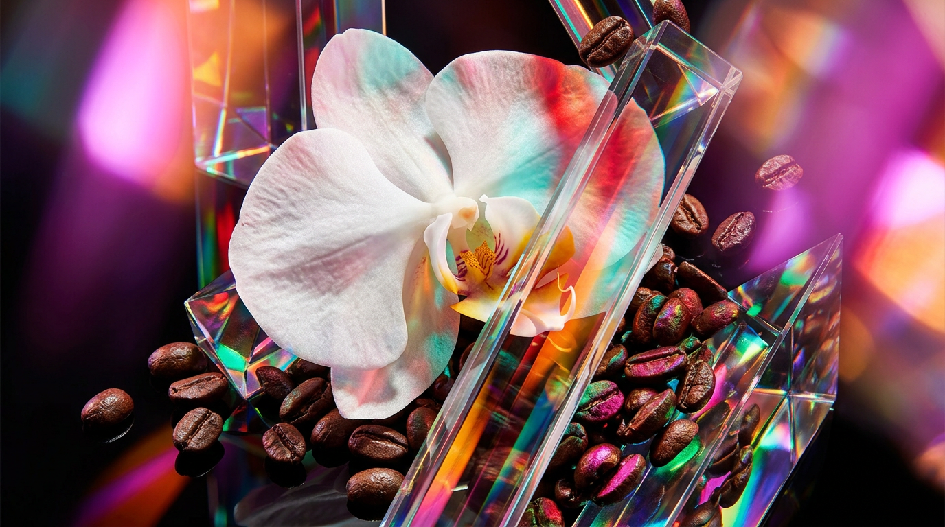 Shay & Blue White Orchid Espresso elegant bottle on a dark wooden surface
