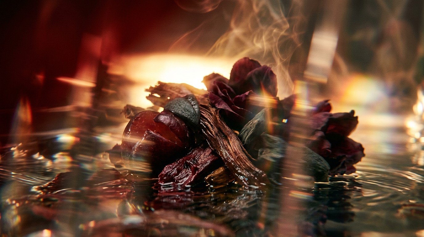 An artistic representation of deep purple plums and luxurious perfume bottles in a moody setting
