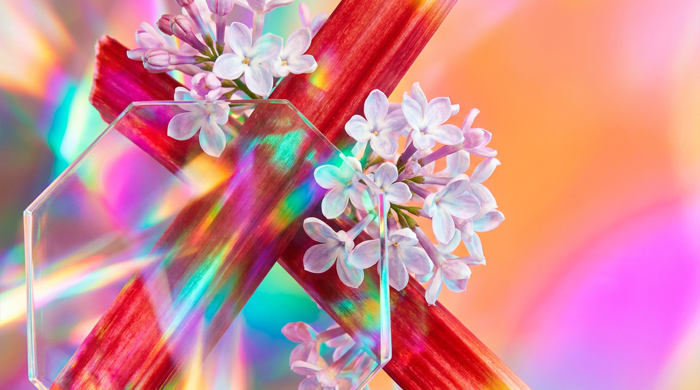A collection of vibrant rhubarb stalks and luxury perfume bottles representing Shay & Blue and Jo Malone
