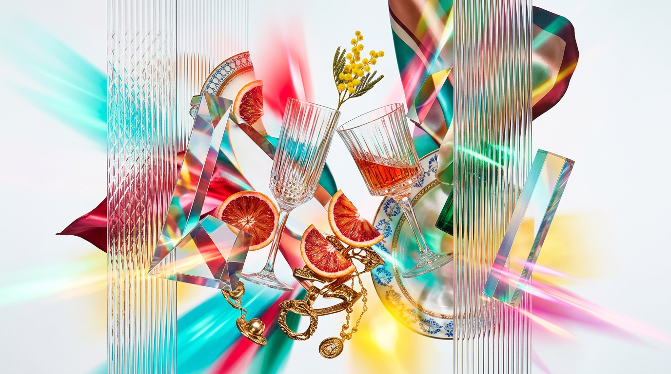 Friends enjoying brunch with bright, sparkling fragrance bottles on the table