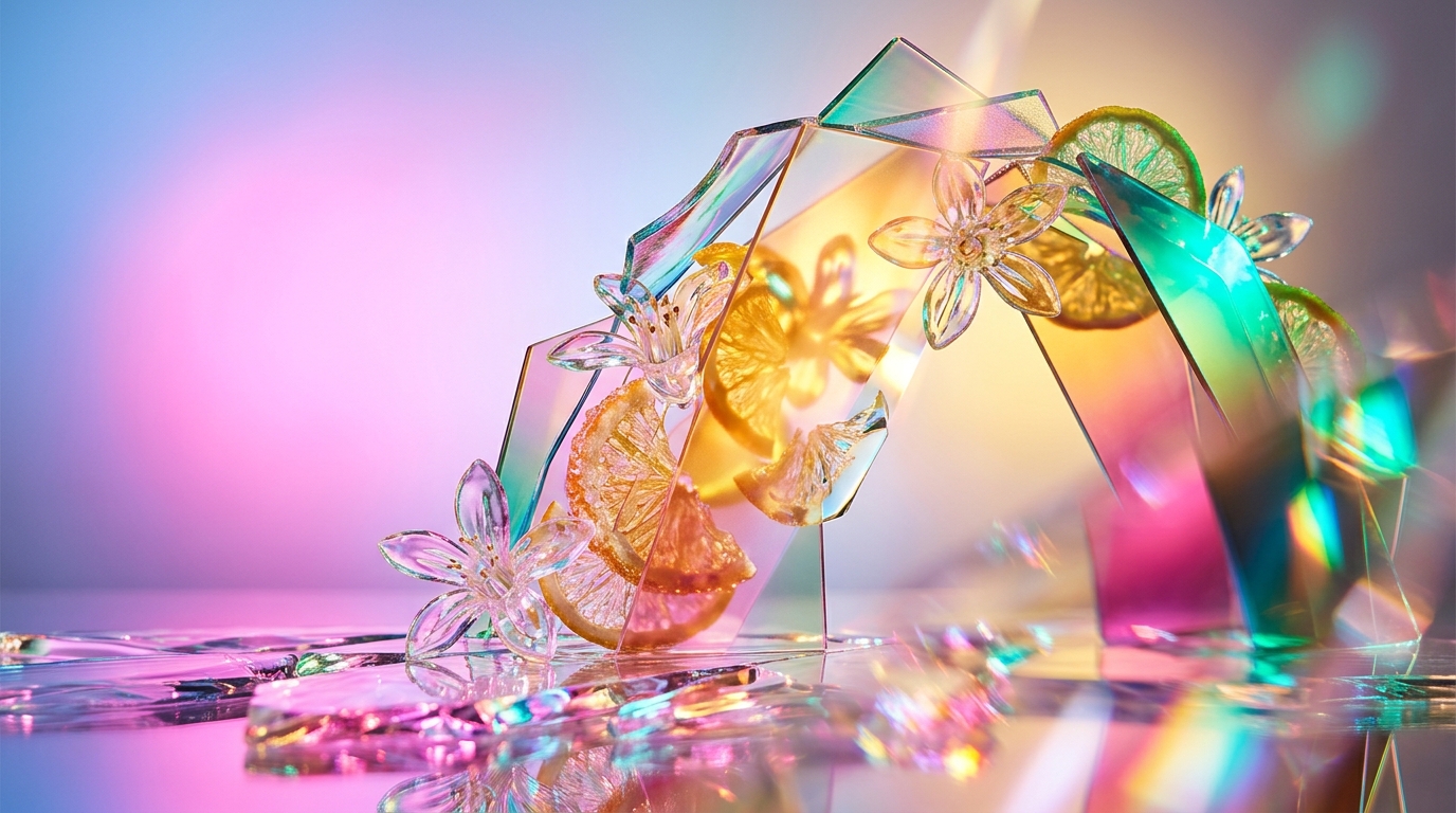 An aesthetic collection of citrus fruits and blooming flowers representing fragrance layering