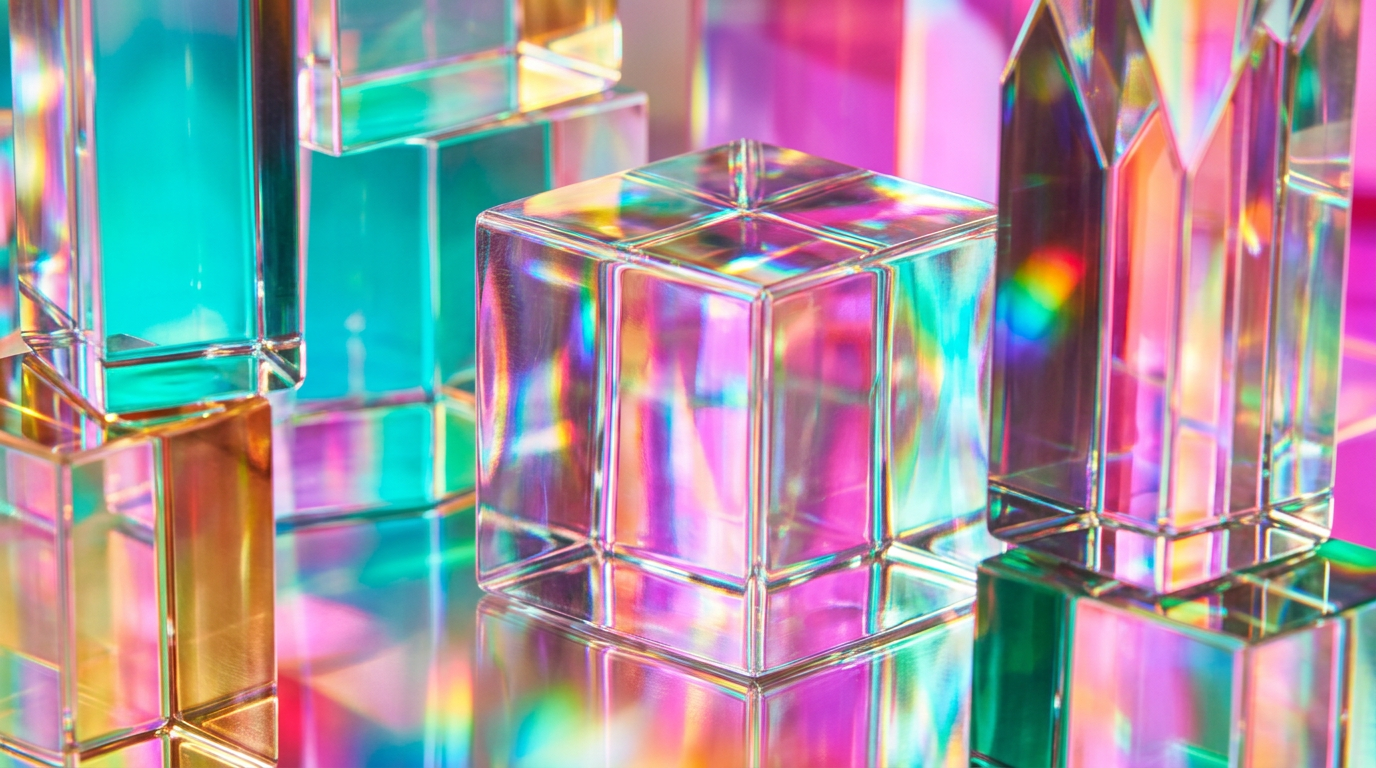 A collection of transparent, crystal-clear fragrance bottles reflecting morning light