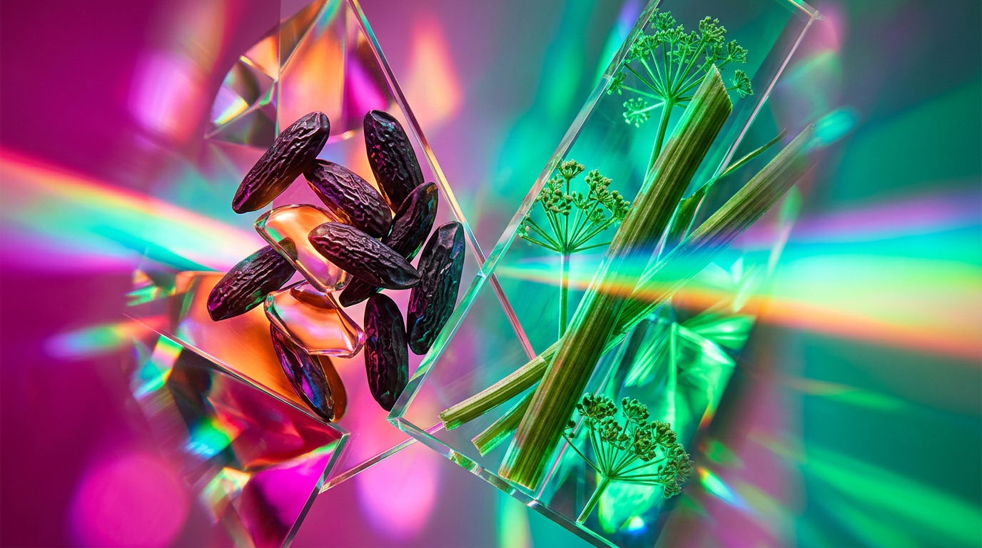 An artistic arrangement of Tonka beans and green Angelica stalks on a minimalist background