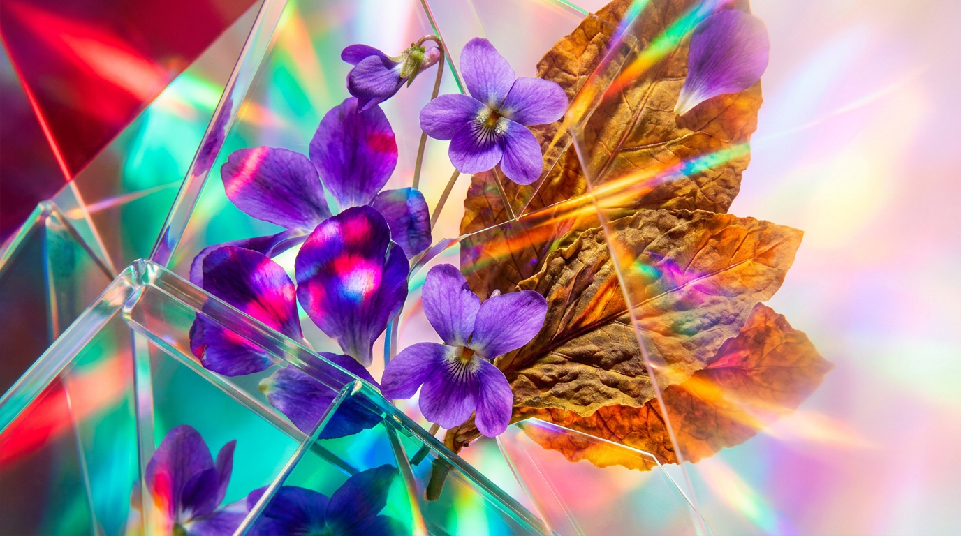 A moody aesthetic with violet flowers and tobacco leaves