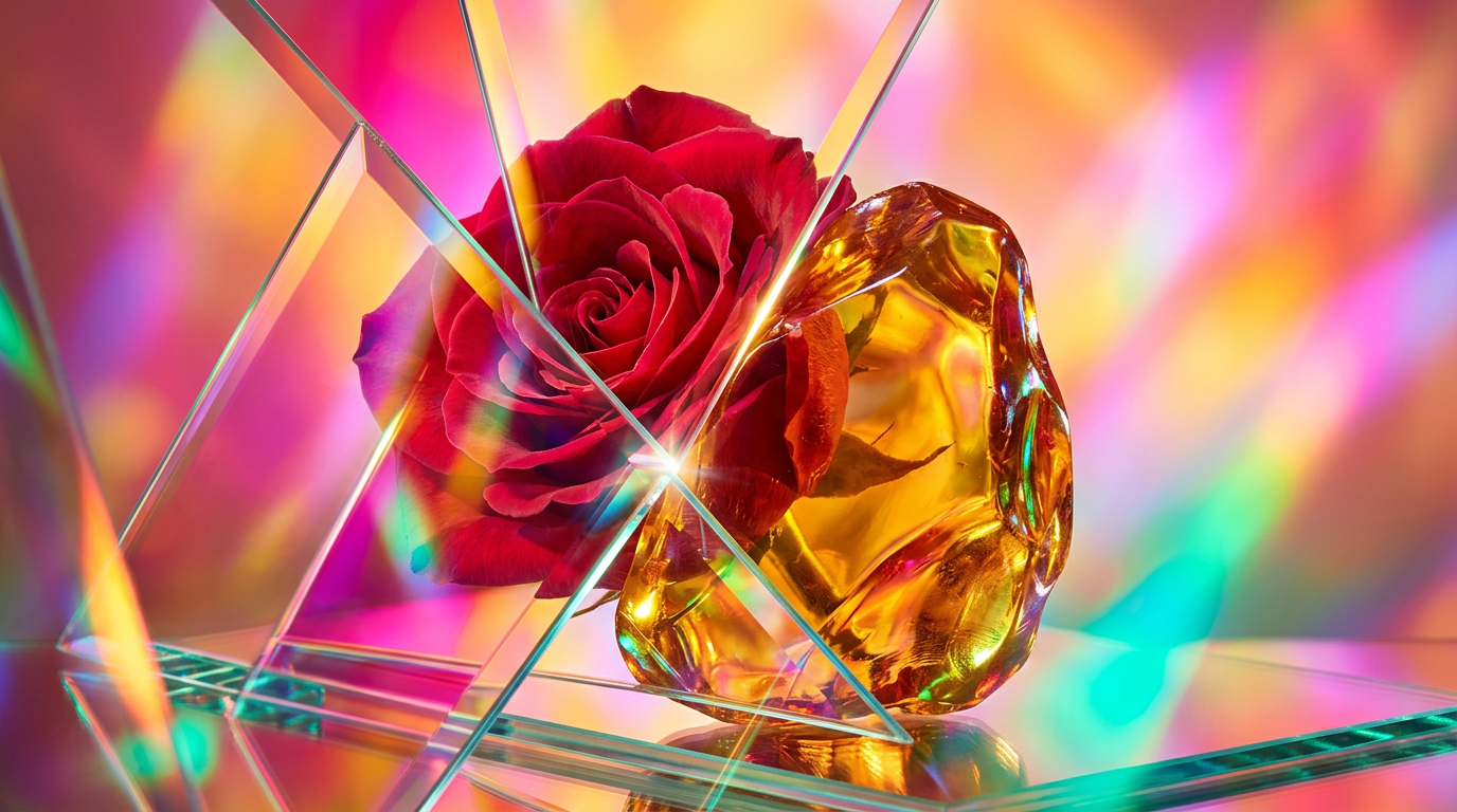 Elegant amber and rose perfume bottle on a vanity for a romantic evening