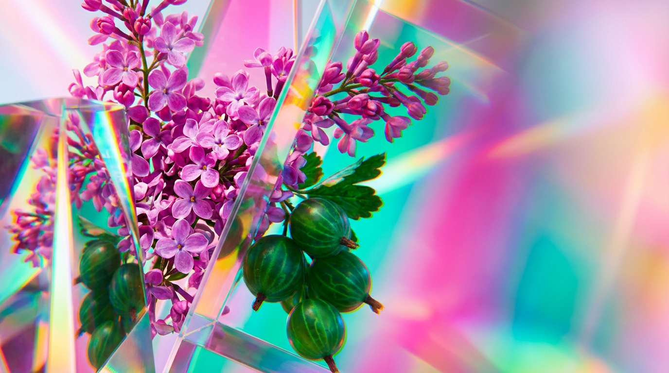 An elegant bottle of Lilacs and Gooseberries surrounded by fresh spring flowers and dark berries