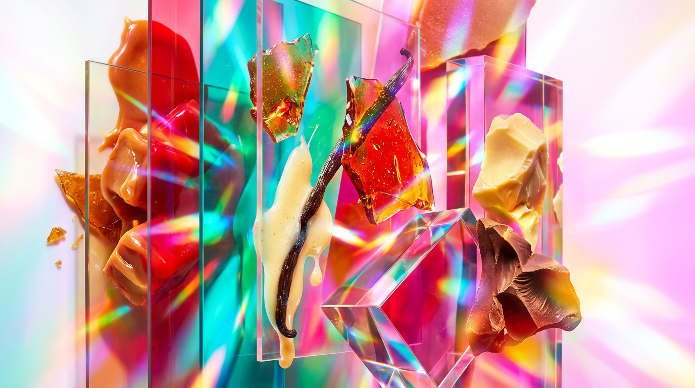 An array of boutique gourmand fragrances and sweet dessert ingredients